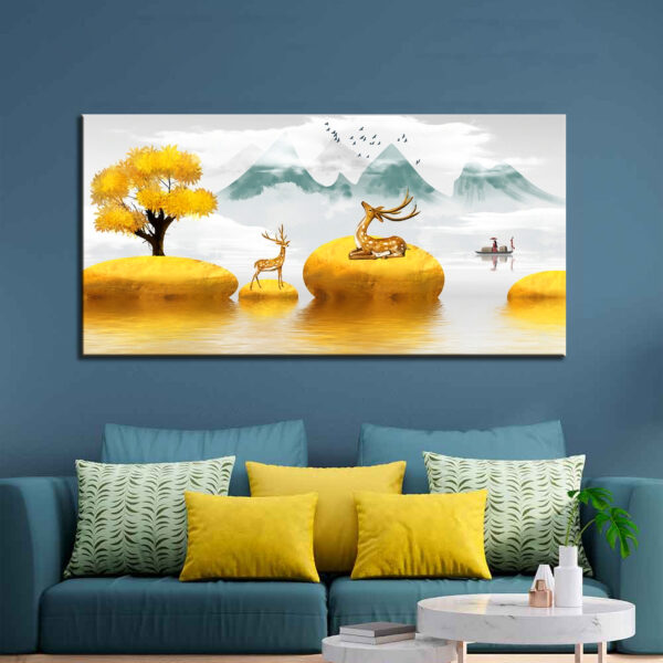 Golden Tree and Deer on River - Illustration - Canvas Wall Painting