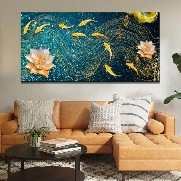 Modern Golden Lotus with koi Fish Abstract Canvas Wall Painting