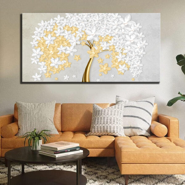3D Floral Tree White and Golden Flowers Canvas Wall Painting