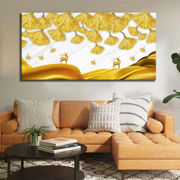 Modern Golden Deer and Turquoise Ginkgo Canvas Wall Painting
