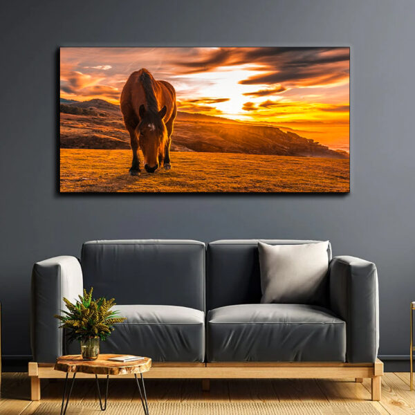 Brown Horse Eating at Sunset - Canvas Wall Painting