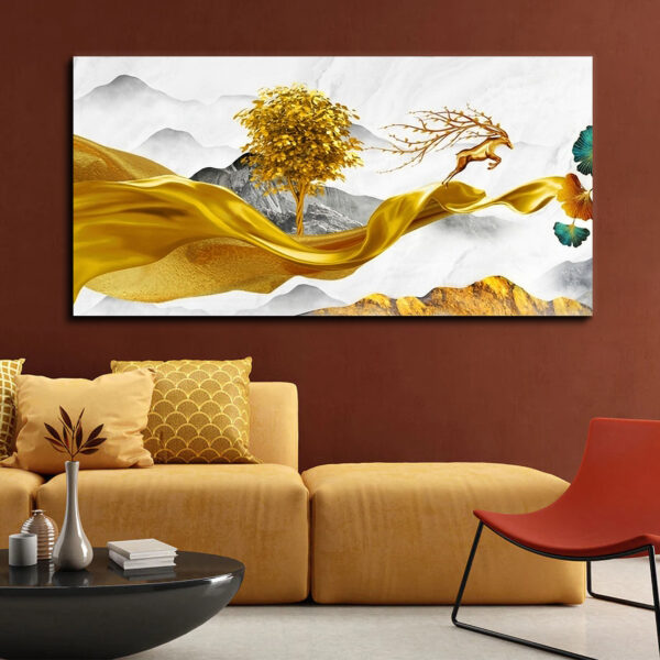 3D Modern Art Golden Deer Money Tree and Mountains Canvas Wall Painting