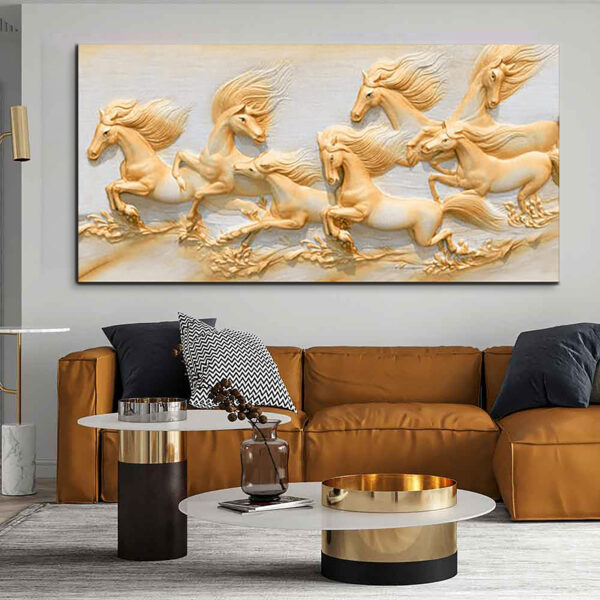 Lucky Seven Golden Horses Running Canvas Wall Painting