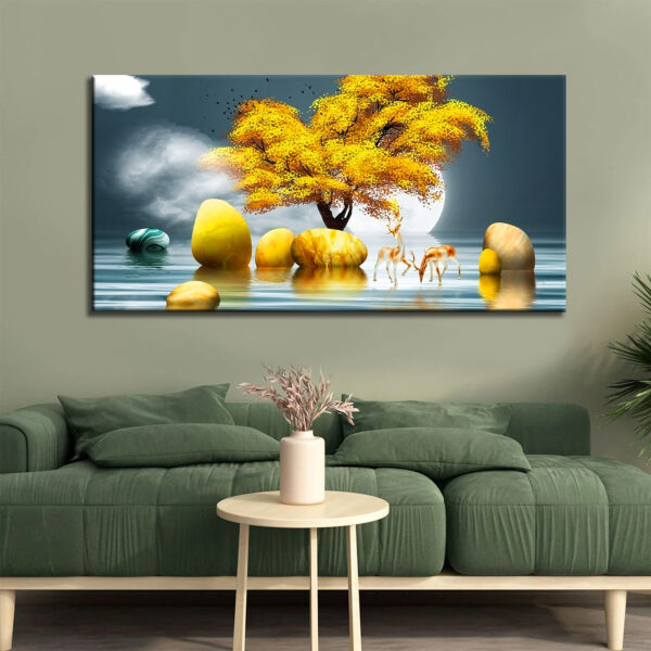 3D Illustrations of Deer and Natural Scenery Canvas Wall Painting
