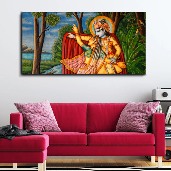 Lord Radha Krishna in Madhubani Style - Canvas Wall Painting