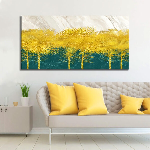 Abstract Gold Tree Teal and White Canvas Wall Painting