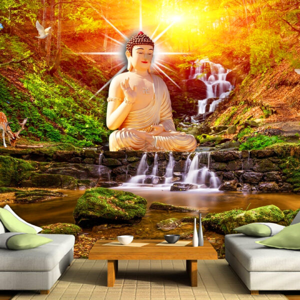 Lord Buddha Mediating Deer Sunrise Waterfall Scenery View Non-Woven Wallpaper