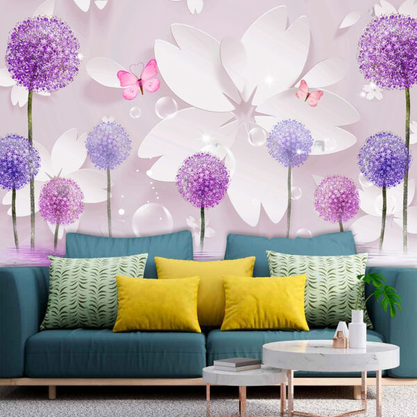 Pink Purple Flowers Butterflies Self-adhesive Vinyl Wallpaper