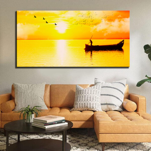 Big Panoramic Beautiful Sunset Boat Canvas Wall Painting