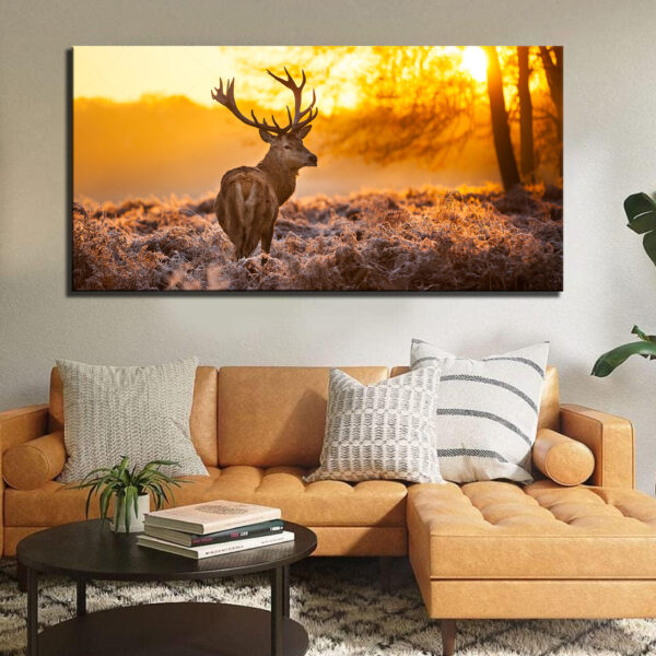 Deer in Autumn Sunset Forest Pictures Modern Animal Scenery Landscape Canvas Wall Painting