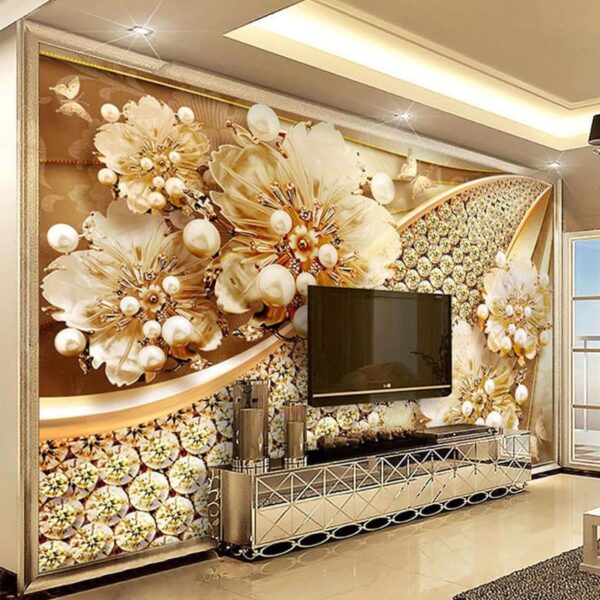 Luxury 3D Embossed Gold Jewelry Flower Mural European Style Self-adhesive Vinyl Wallpaper