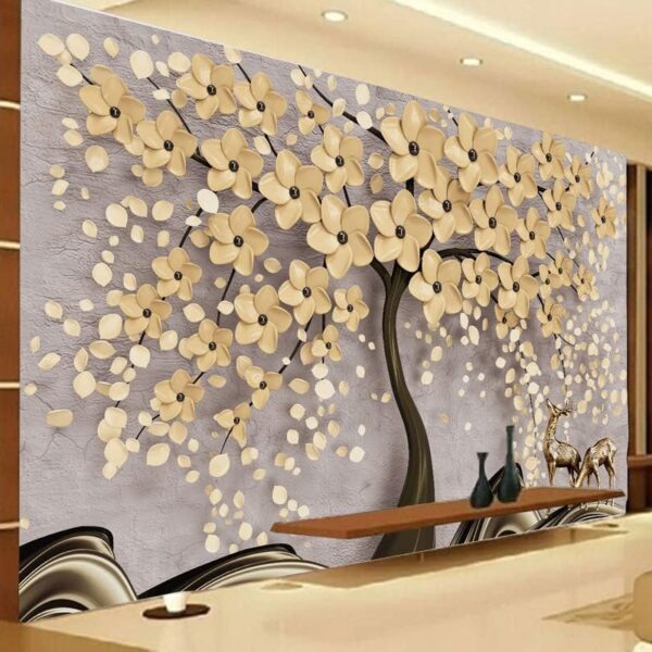 Beautiful 3D Flower Deer and Tree Floral Wall Mural Self-adhesive Vinyl Wallpaper