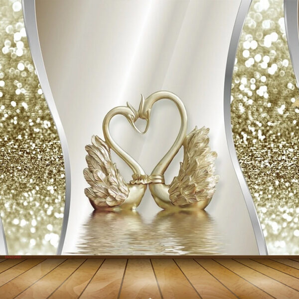 Luxury Sequined Swan Playing Water Golden Background Non-Woven Wallpaper