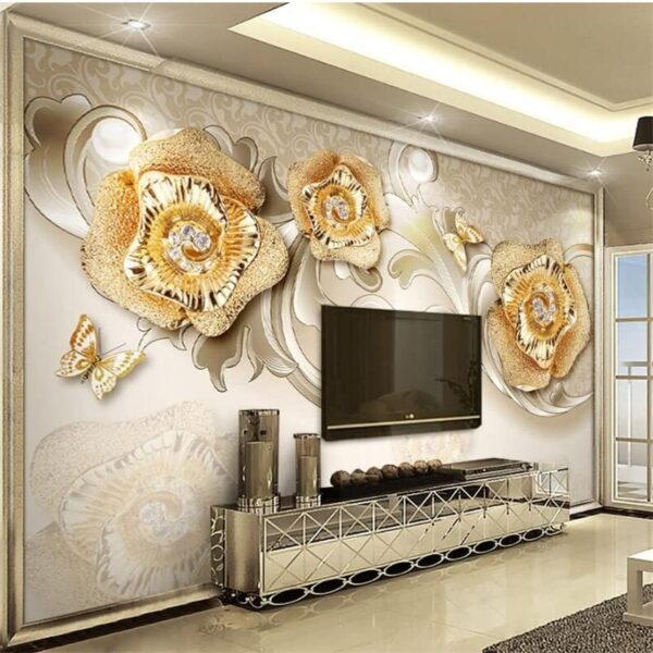3D Beautiful European Style Golden Rose Butterfly Non-Woven Wallpaper