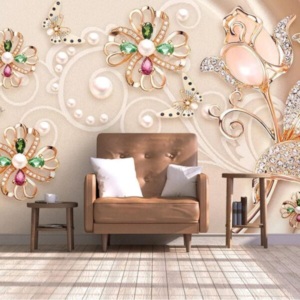3D Golden Flower Pearl Non-Woven Wallpaper