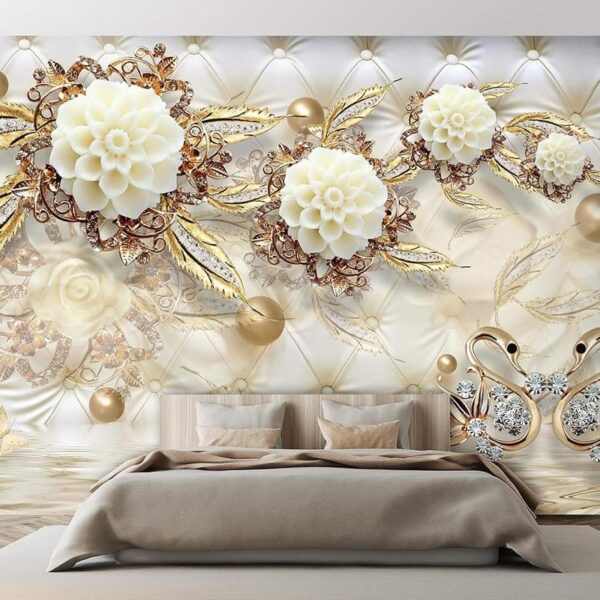 Luxury 3D Floral Swans Gold Diamonds Abstract Non-Woven Wallpaper