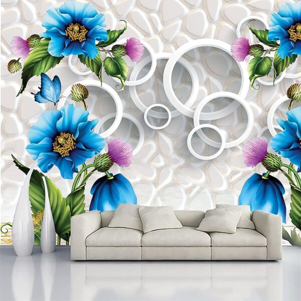 3d Mural Fabulous Flower Blue and White Circle Fashion Non-Woven Wallpaper