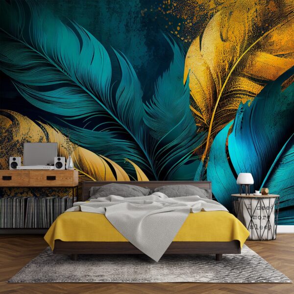 Abstract Watercolor Blue and Autumn Golden Feathers Non-Woven Wallpaper