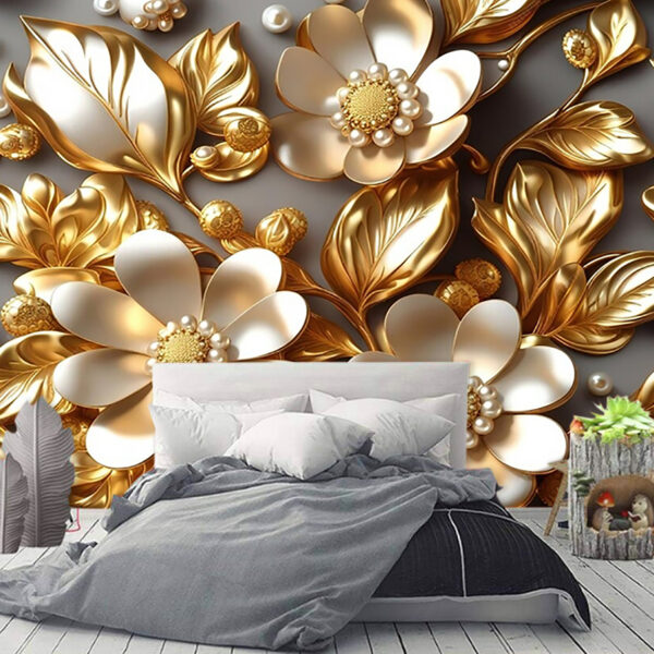 3D Luxury Golden Flowers Wallpaper Wall Mural Jewelry Non-Woven Wallpaper