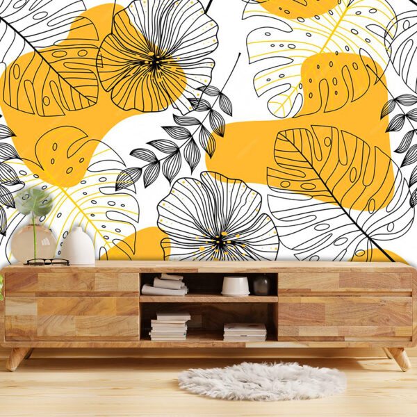 Abstract Mural Line Art Seamless Pattern with Leaves Flowers Wallpaper Non-Woven Wallpaper