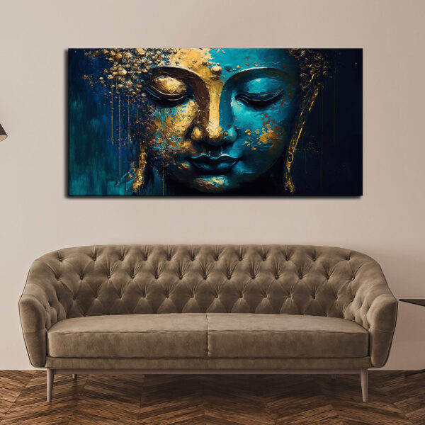 Spritiual Lord Buddha Blue and Golden Statue Canvas Wall Painting