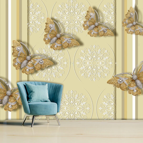 Elegant Golden Butterflies and Floral Flowers Self-adhesive Vinyl Wallpaper