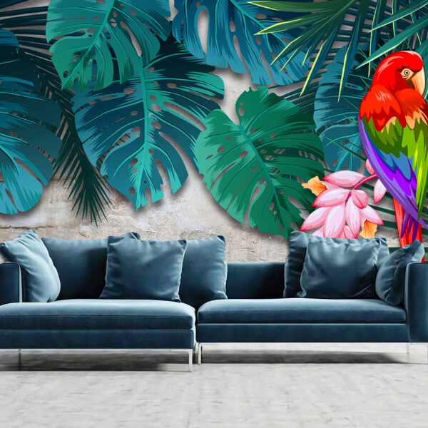 Tropical Leaf Flower with Colorful Parrot Self-adhesive Vinyl Wallpaper