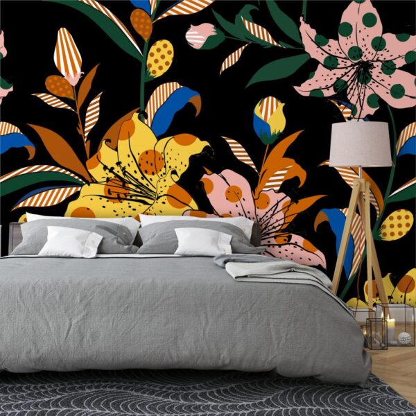Colorful Blooming Lily Flower Art Style Mural Illustration Wallpaper Non-Woven Wallpaper