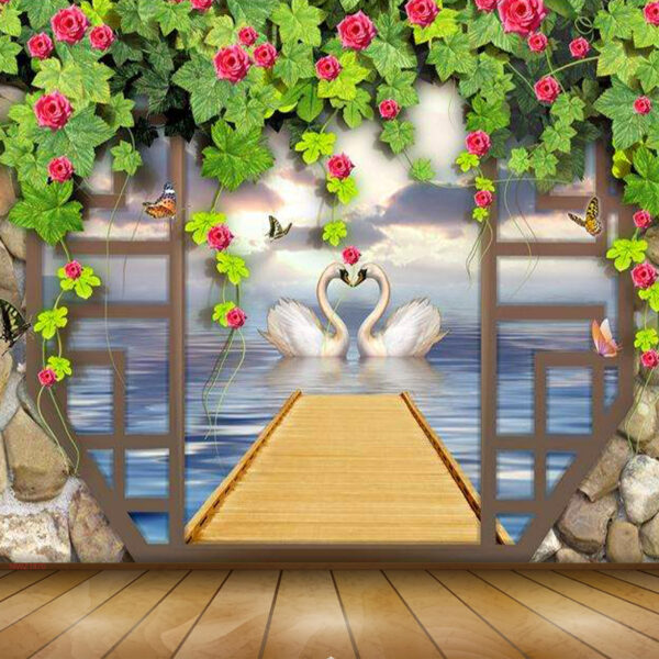 3D Swan Flower Mural Hall Scenery View Self-adhesive Vinyl Wallpaper