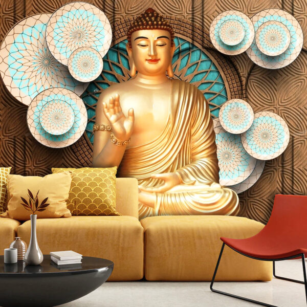 Golden Buddha Mediating Floral Non-Woven Wallpaper