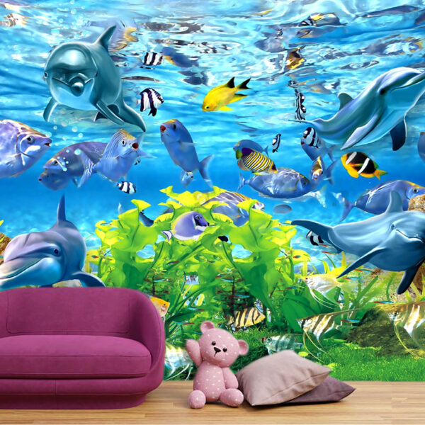 Sea Fishes Dolphins Grass Water Ocean 3D Self-adhesive Vinyl Wallpaper
