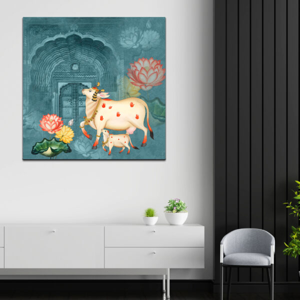 Pichwai Style Cow and Calf Canvas Wall Painting
