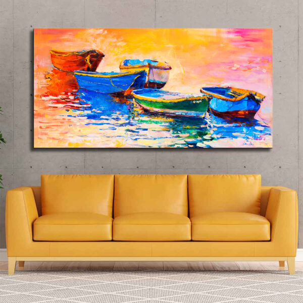 Landscape Boats and Sunset Canvas Wall Painting