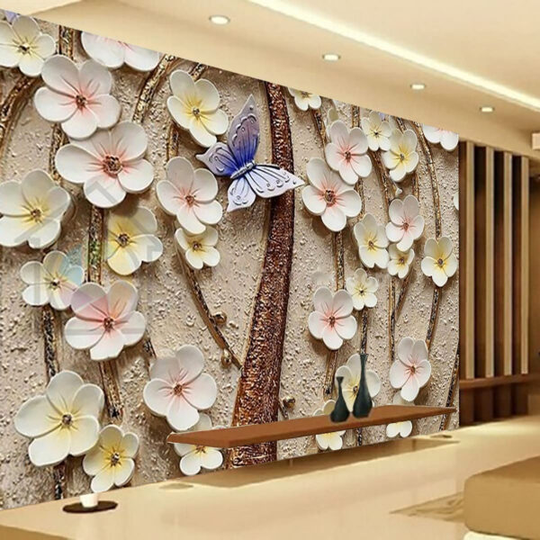 3D Embossed Flower Butterfly Wallpaper Large Silk Mural Non-Woven Wallpaper