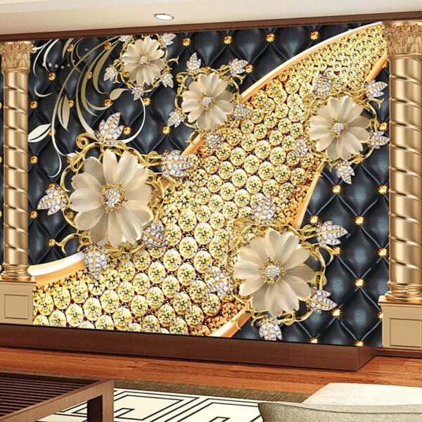 Black and Gold Leather Flowers Wallpaper Mural 3d Luxury Jewelry Non-Woven Wallpaper