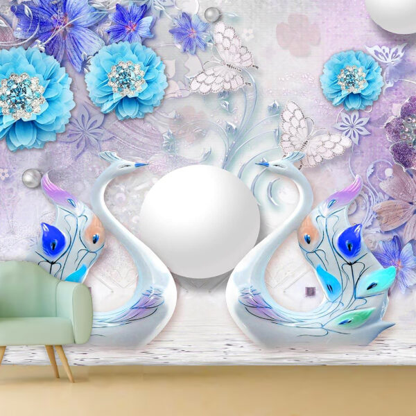 Multicolor Flower 3d Blue Duck Art Self-adhesive Vinyl Wallpaper