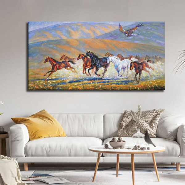 Running Horses With Eagle Scenery Canvas Wall Painting