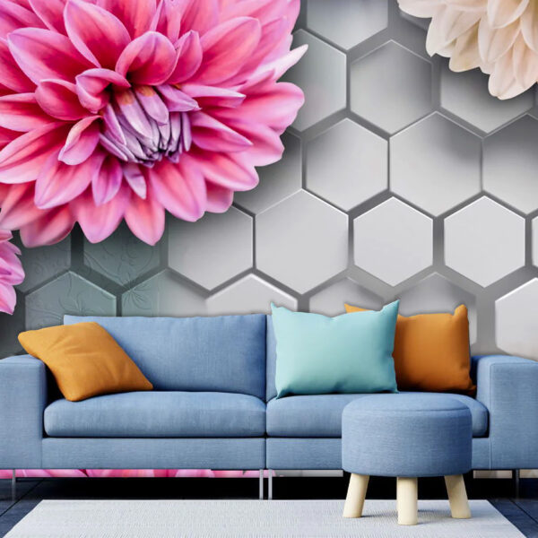 Beautiful 3D Pink and White Flower and Cube Blocks Self-adhesive Vinyl Wallpaper