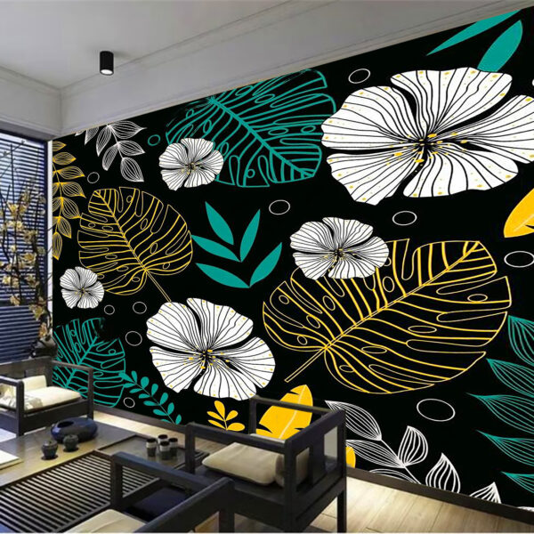 Dark Background with Tropical Leaves Flowers Wallpaper Non-Woven Wallpaper