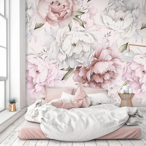 Blush Pink Mural Watercolor Boho Floral Non-Woven Wallpaper