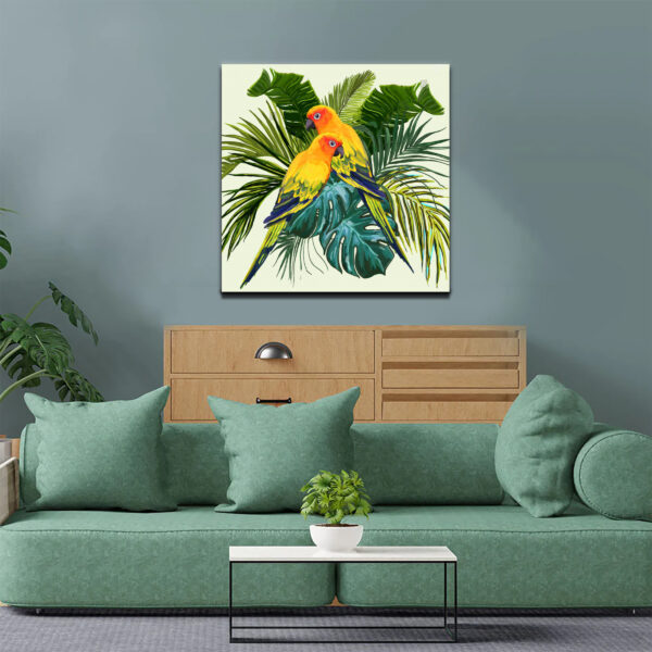 Parrot Couple In Tropical Forest Leaf Canvas Wall Painting