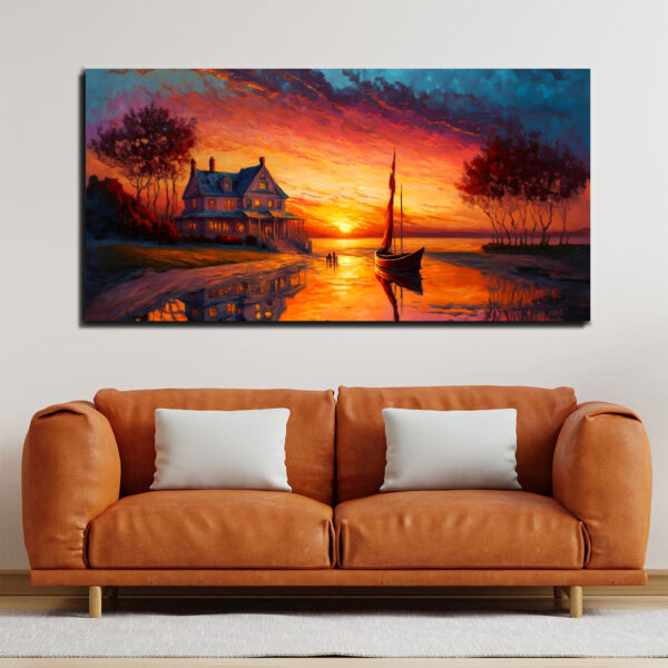 Beautiful Sunset and Boat Landscape Modern Art Canvas Wall Painting