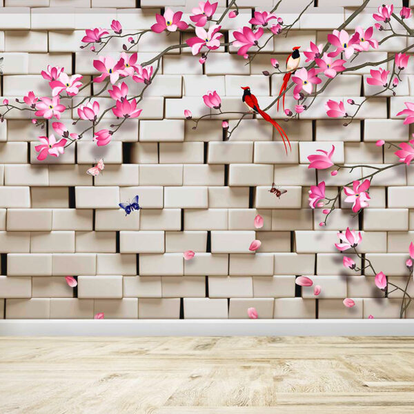 3d Blossoming Background with Bricks Birds Self-adhesive Vinyl Wallpaper