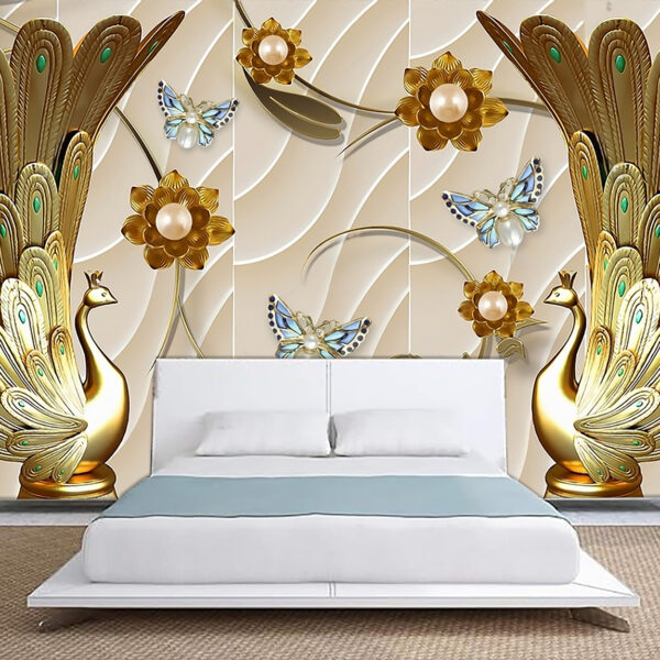 3D Golden Big Swan Floral Butterfly Self-adhesive Vinyl Wallpaper