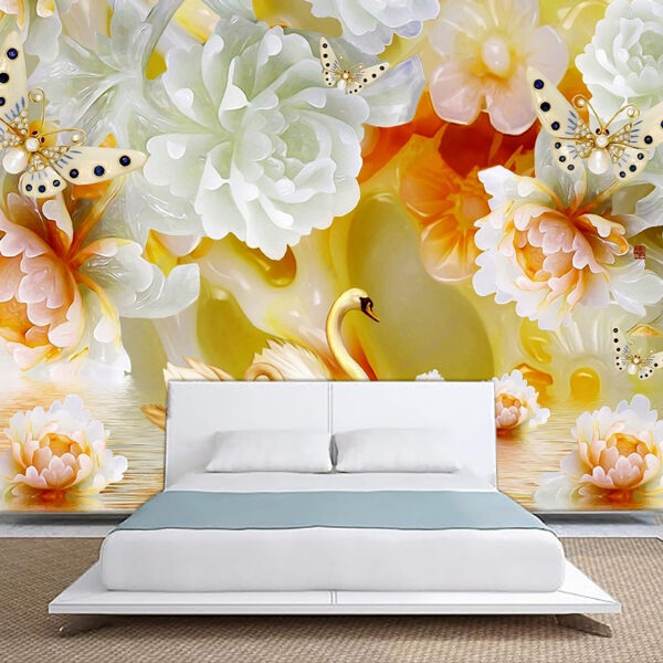 3d Murals Flower and swan and Butterfly Self-adhesive Vinyl Wallpaper