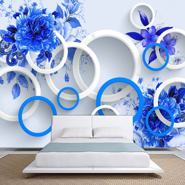 3d Mural Flower Rich Blue and White Circle Fashion Non-Woven Wallpaper