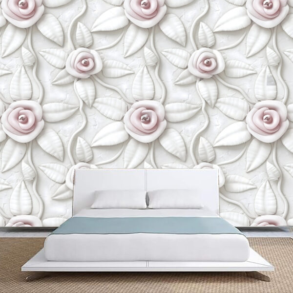 Soft Pink White Rose Flower 3d Pattern Self-adhesive Vinyl Wallpaper