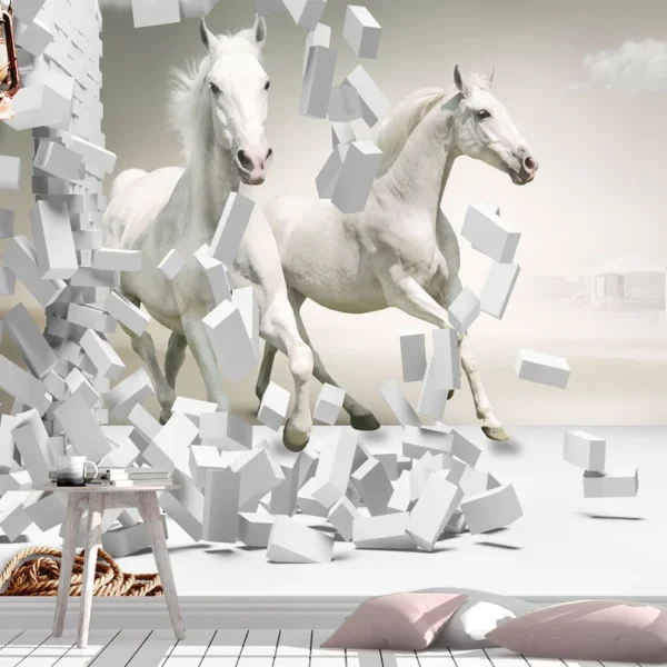 3d White Horses Wall Art Self-adhesive Vinyl Wallpaper