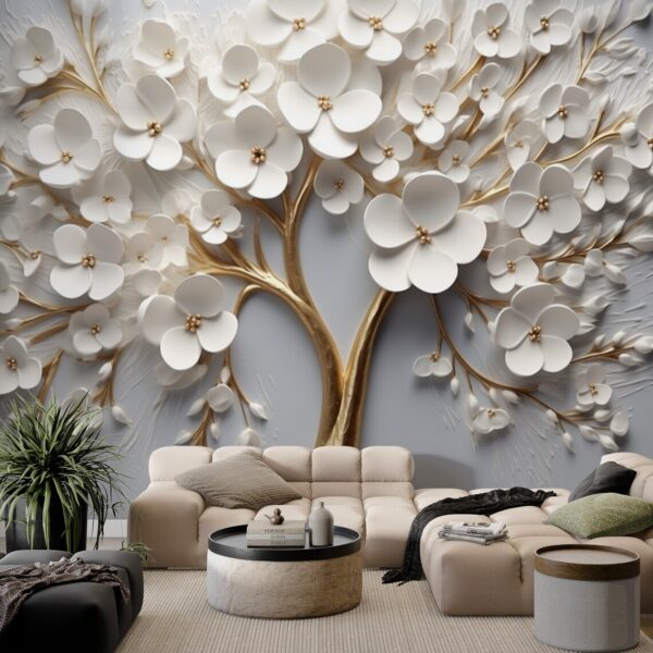 3d Embossed White and Gold Flowers Tree Self-adhesive Vinyl Wallpaper
