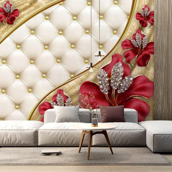 3d Red Flowers on Leather Pattern Wallpaper Self-adhesive Vinyl Wallpaper